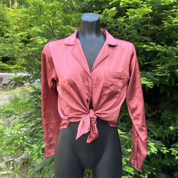NWT Abercrombie & Fitch Silkie Long Sleeve Button up Top Dusky Pink size XS - Picture 7 of 11